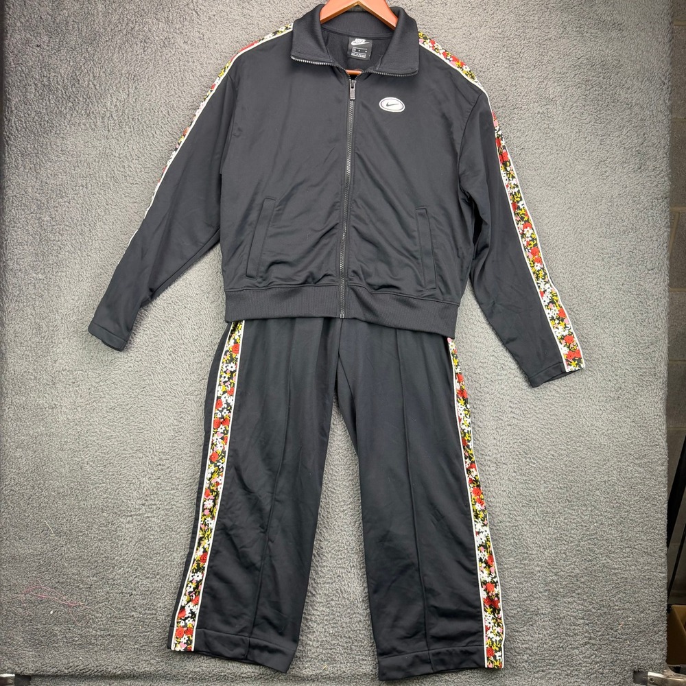 Nike Womens Tracksuit Set Black Floral Tape Trim Full Zip Jacket Pants Size M
